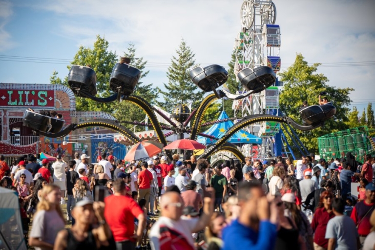 Amusement rides in the background of crowd